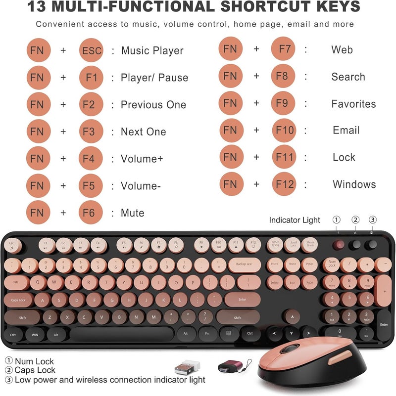 SkyGive Wireless Keyboard and Mouse Combo, Ergonomic Full Size Typewriter Retro Round Keycaps Keyboard, Compatible with Windows, PC, Perfer for Home and Office Keyboards (Aurora Red) - Image 4